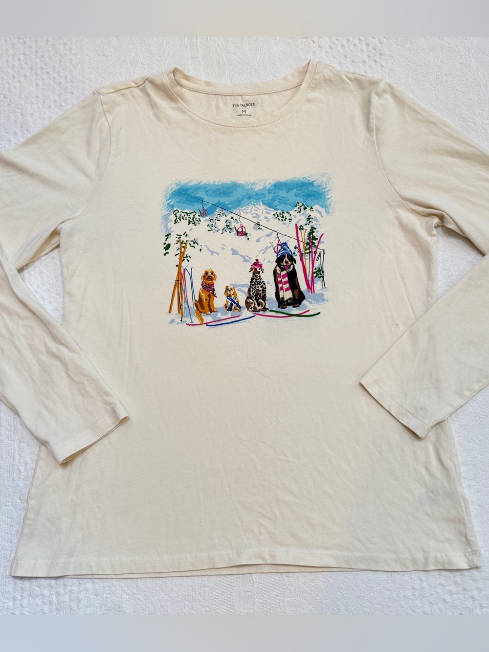 Talbots Ski Dogs Long Sleeve Graphic Tee Shirt Women’s Medium M 100% Cotton